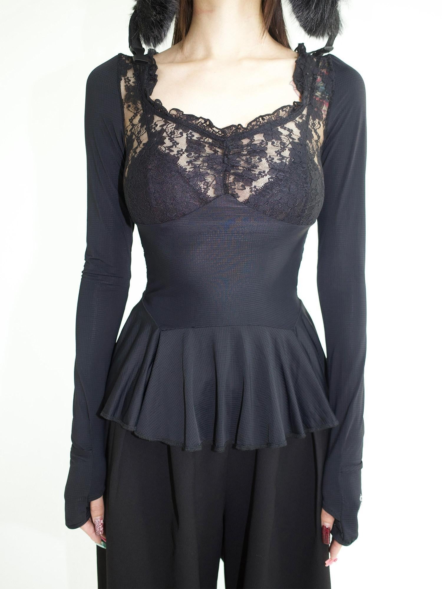 FOURFORTY Black Lace Panel Ballet Functional Women's Nylon Stretch Long Sleeve T-shirts