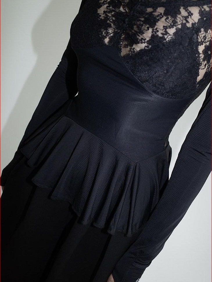 FOURFORTY Black Lace Panel Ballet Functional Women's Nylon Stretch Long Sleeve T-shirts