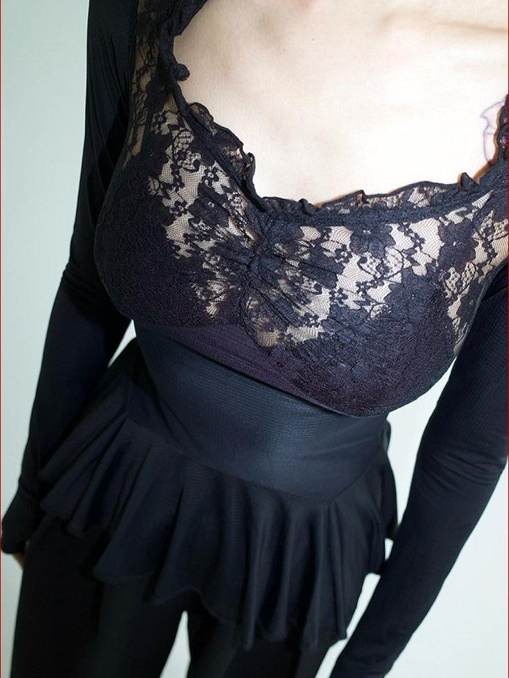 FOURFORTY Black Lace Panel Ballet Functional Women's Nylon Stretch Long Sleeve T-shirts