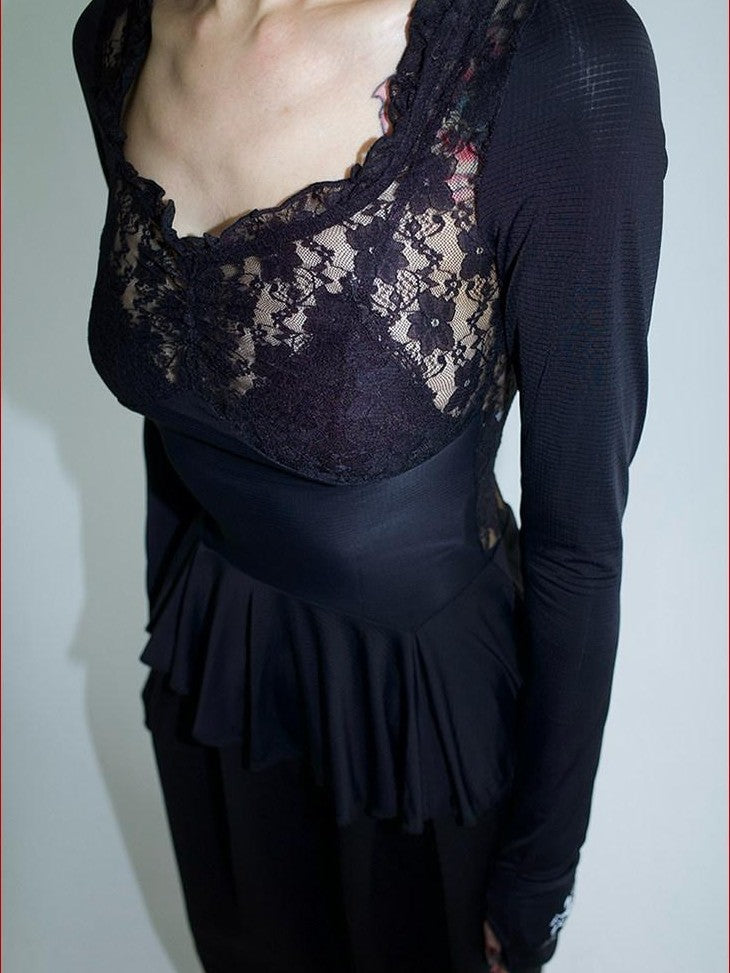 FOURFORTY Black Lace Panel Ballet Functional Women's Nylon Stretch Long Sleeve T-shirts