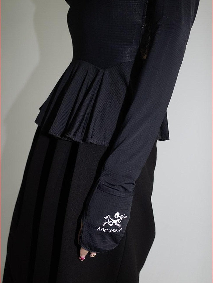 FOURFORTY Black Lace Panel Ballet Functional Women's Nylon Stretch Long Sleeve T-shirts