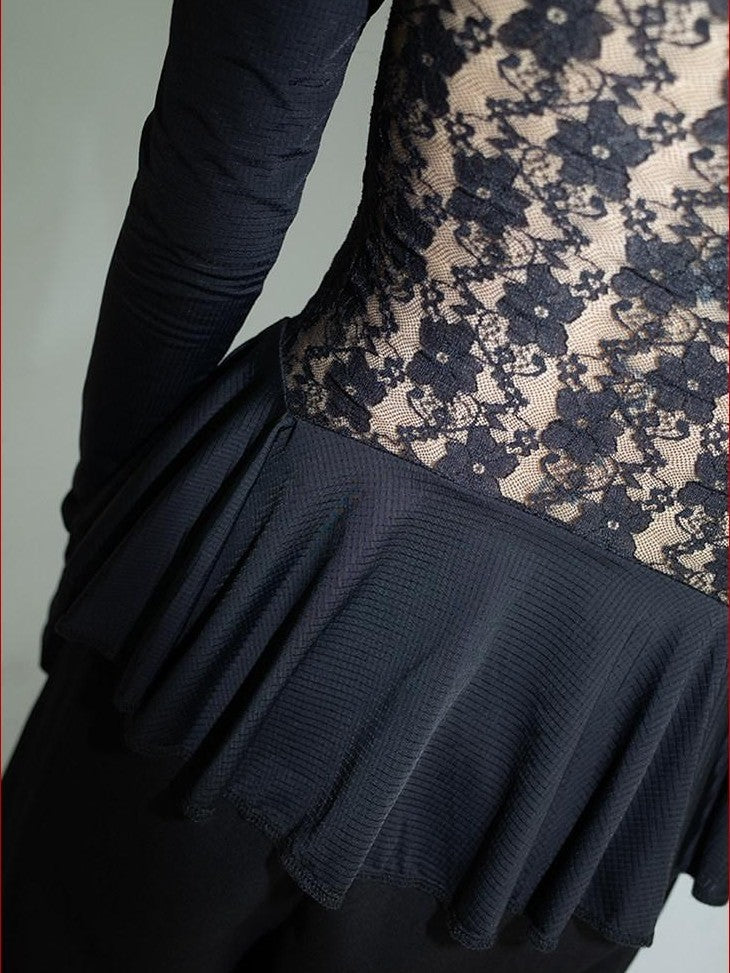 FOURFORTY Black Lace Panel Ballet Functional Women's Nylon Stretch Long Sleeve T-shirts