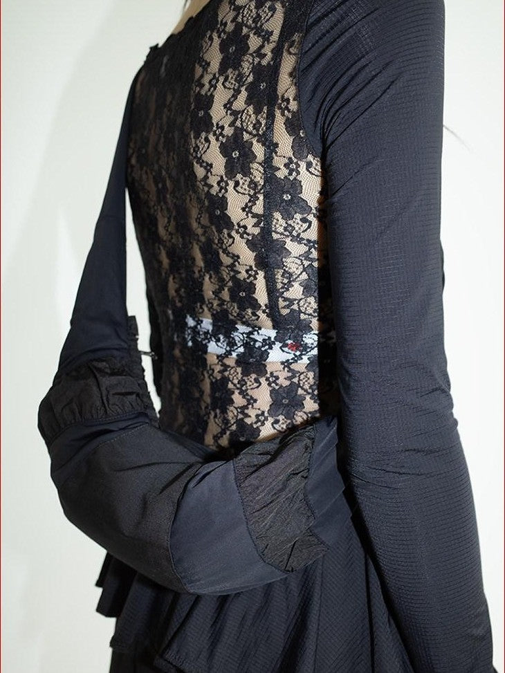 FOURFORTY Black Lace Panel Ballet Functional Women's Nylon Stretch Long Sleeve T-shirts