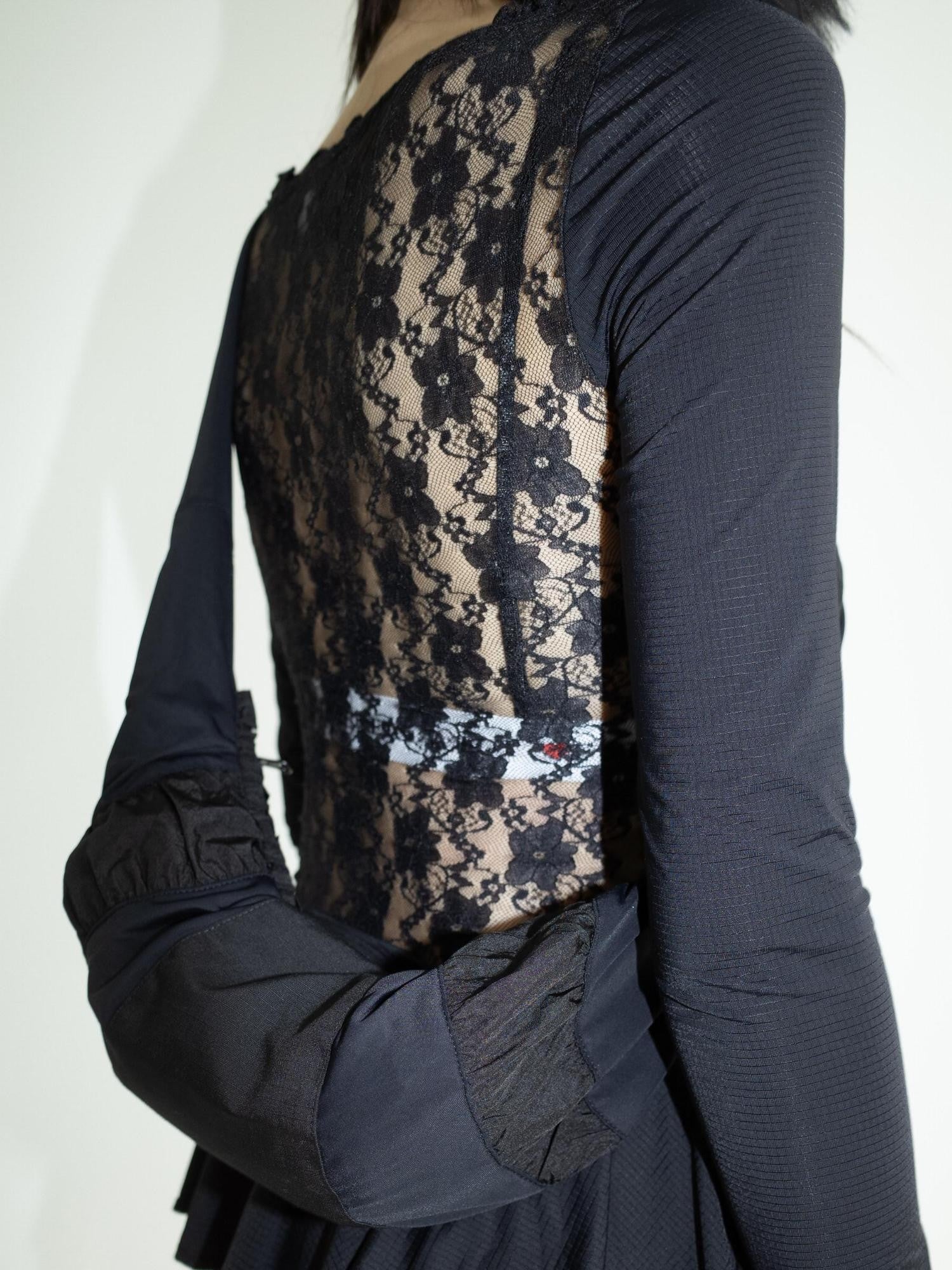 FOURFORTY Black Lace Panel Ballet Functional Women's Nylon Stretch Long Sleeve T-shirts