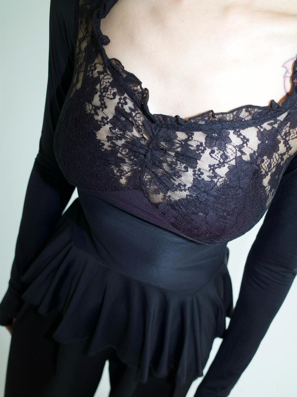 FOURFORTY Black Lace Panel Ballet Functional Women's Nylon Stretch Long Sleeve T-shirts