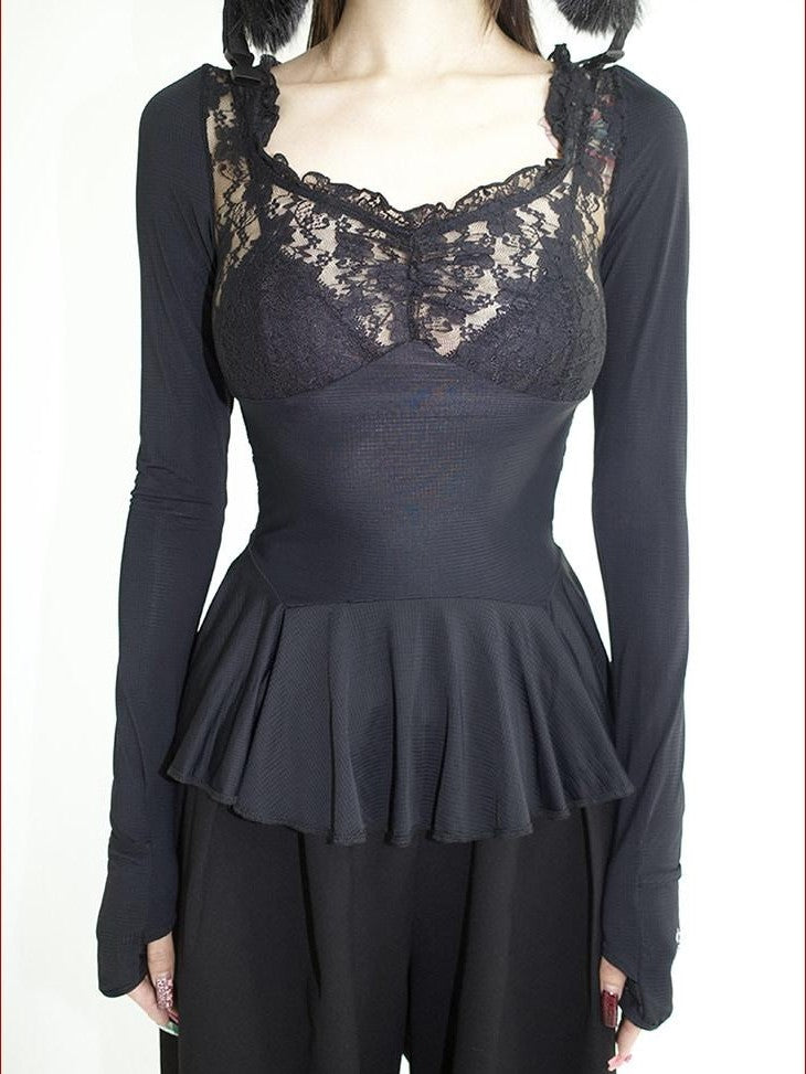 FOURFORTY Black Lace Panel Ballet Functional Women's Nylon Stretch Long Sleeve T-shirts
