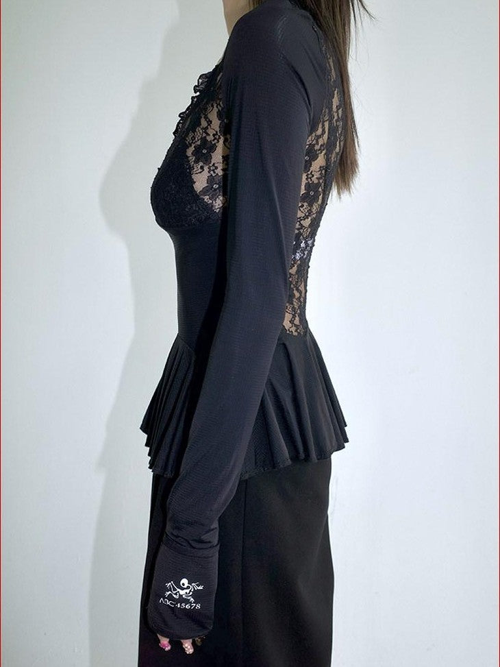 FOURFORTY Black Lace Panel Ballet Functional Women's Nylon Stretch Long Sleeve T-shirts