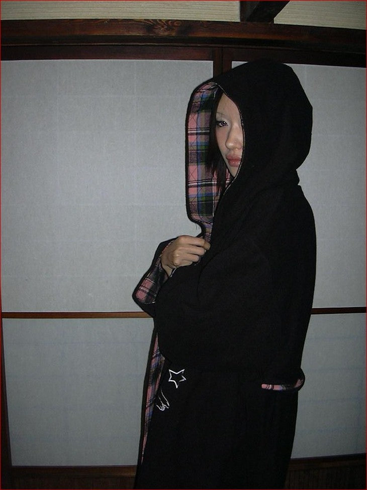 FOURFORTY Black Pink Reversible Plaid Robe Thin Cotton Women's Long Coats
