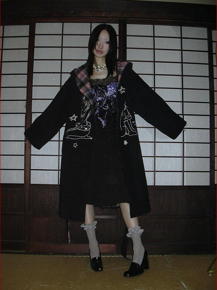 FOURFORTY Black Pink Reversible Plaid Robe Thin Cotton Women's Long Coats
