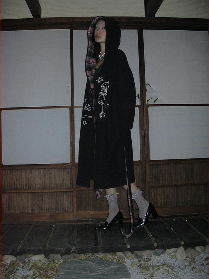FOURFORTY Black Pink Reversible Plaid Robe Thin Cotton Women's Long Coats