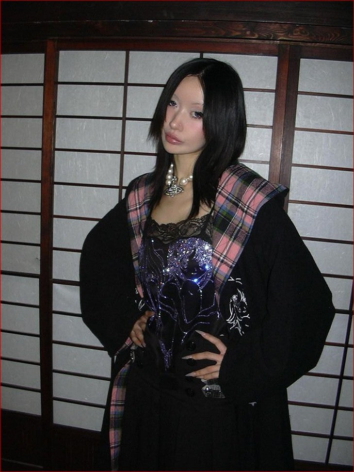 FOURFORTY Black Pink Reversible Plaid Robe Thin Cotton Women's Long Coats