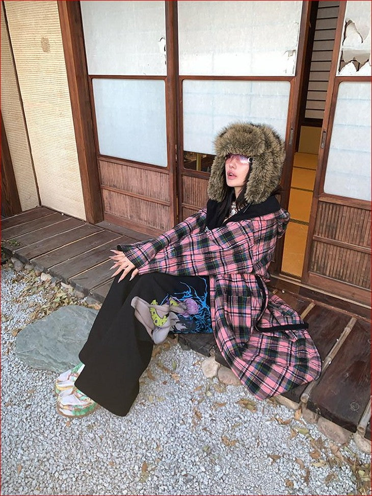FOURFORTY Black Pink Reversible Plaid Robe Thin Cotton Women's Long Coats