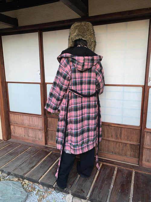 FOURFORTY Black Pink Reversible Plaid Robe Thin Cotton Women's Long Coats