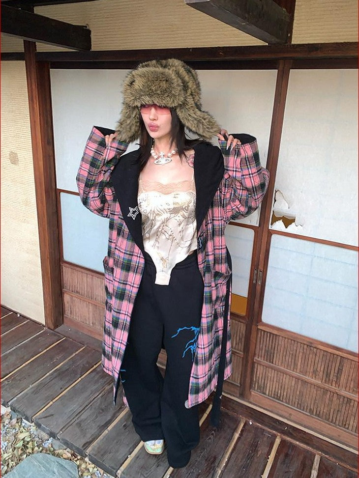 FOURFORTY Black Pink Reversible Plaid Robe Thin Cotton Women's Long Coats