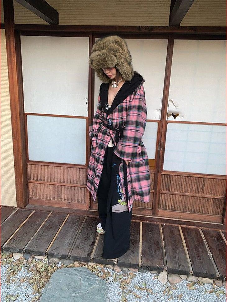FOURFORTY Black Pink Reversible Plaid Robe Thin Cotton Women's Long Coats