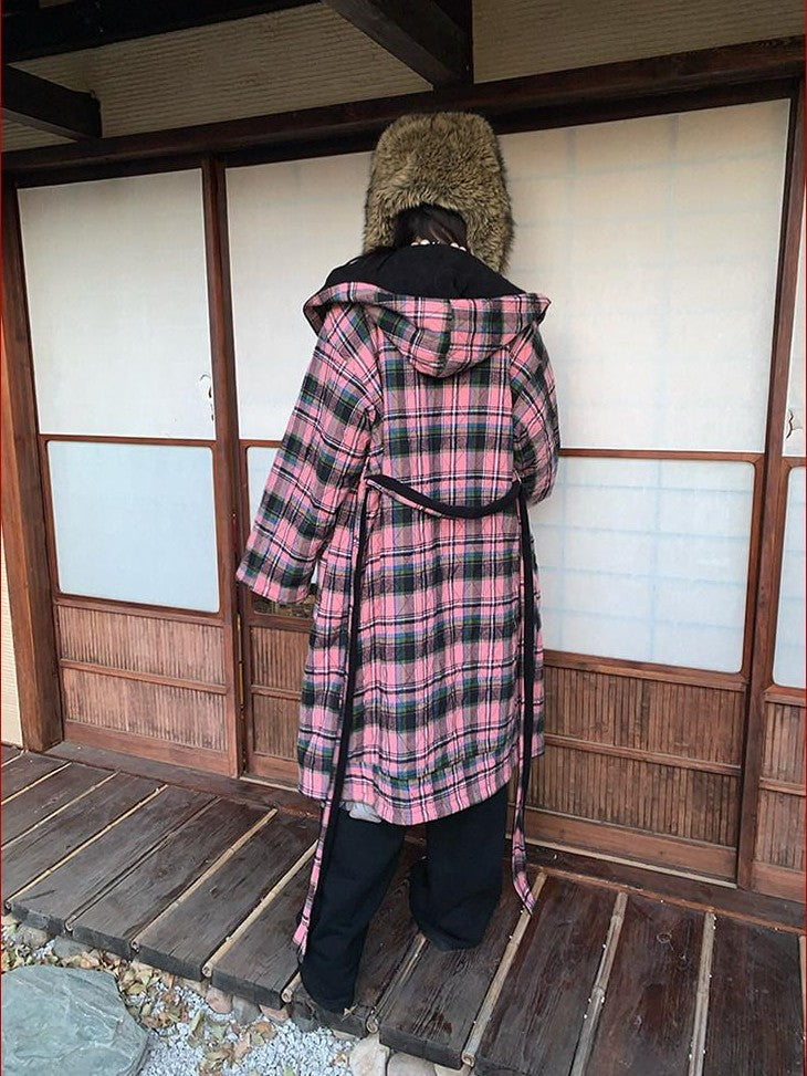 FOURFORTY Black Pink Reversible Plaid Robe Thin Cotton Women's Long Coats