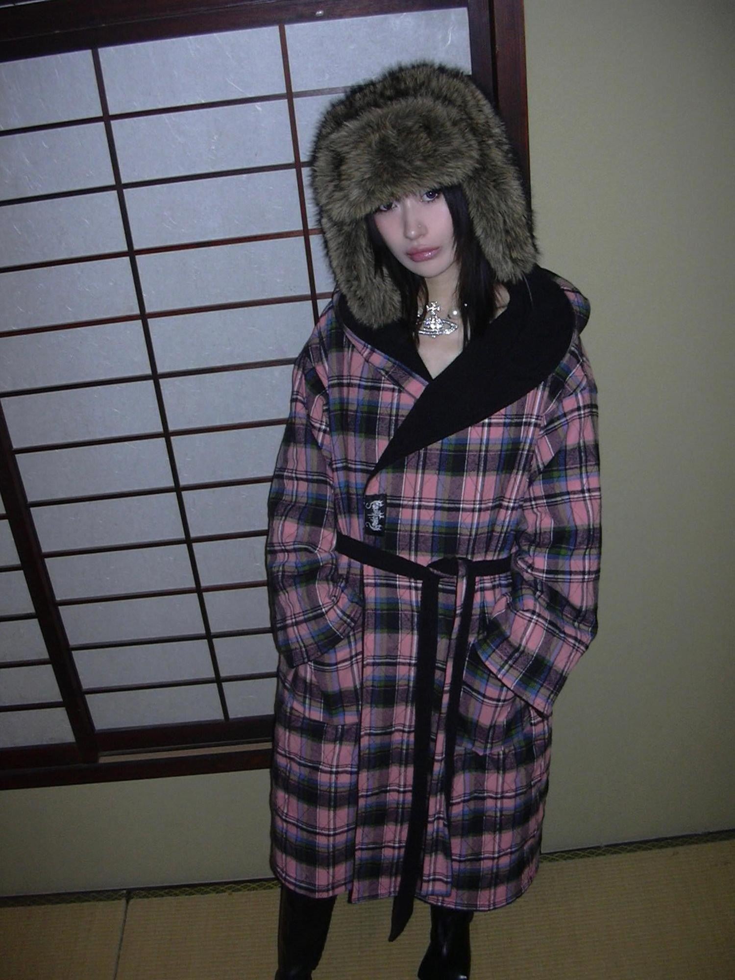 FOURFORTY Black Pink Reversible Plaid Robe Thin Cotton Women's Long Coats