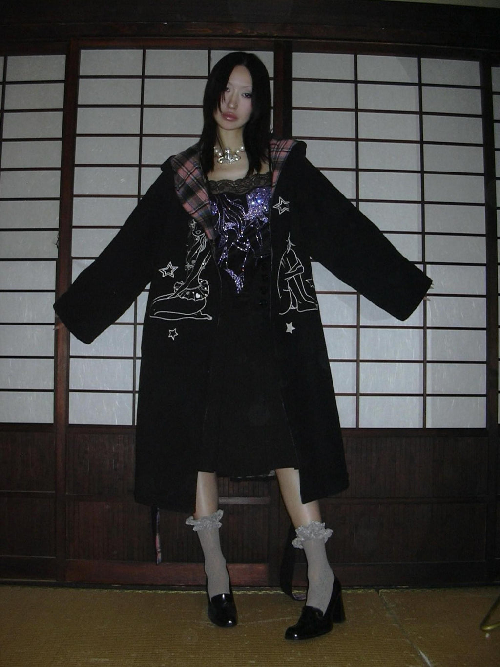 FOURFORTY Black Pink Reversible Plaid Robe Thin Cotton Women's Long Coats