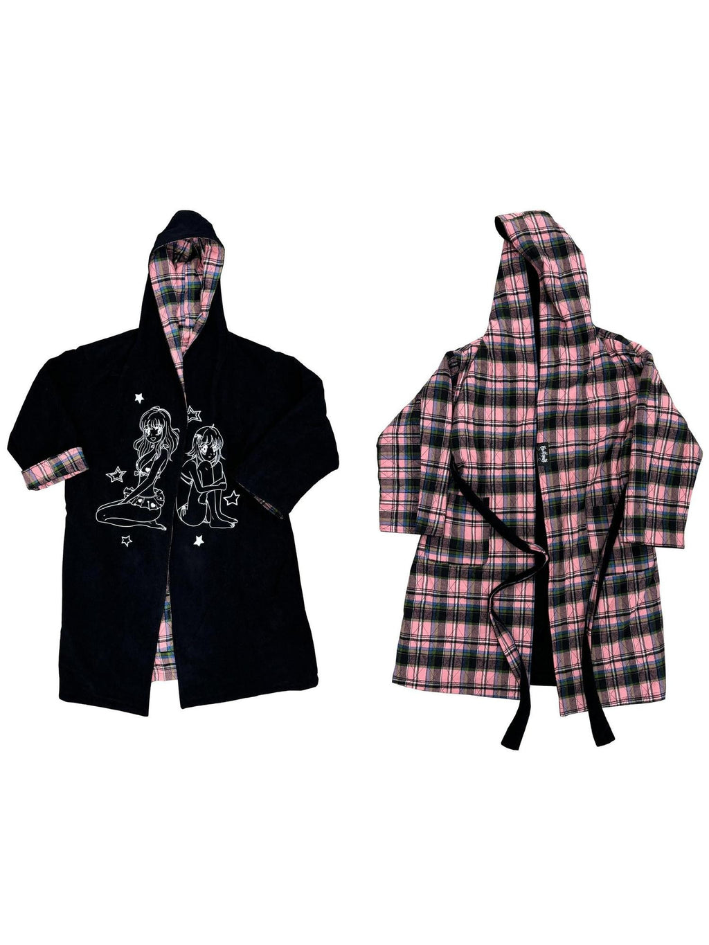 FOURFORTY Black Pink Reversible Plaid Robe Thin Cotton Women's Long Coats