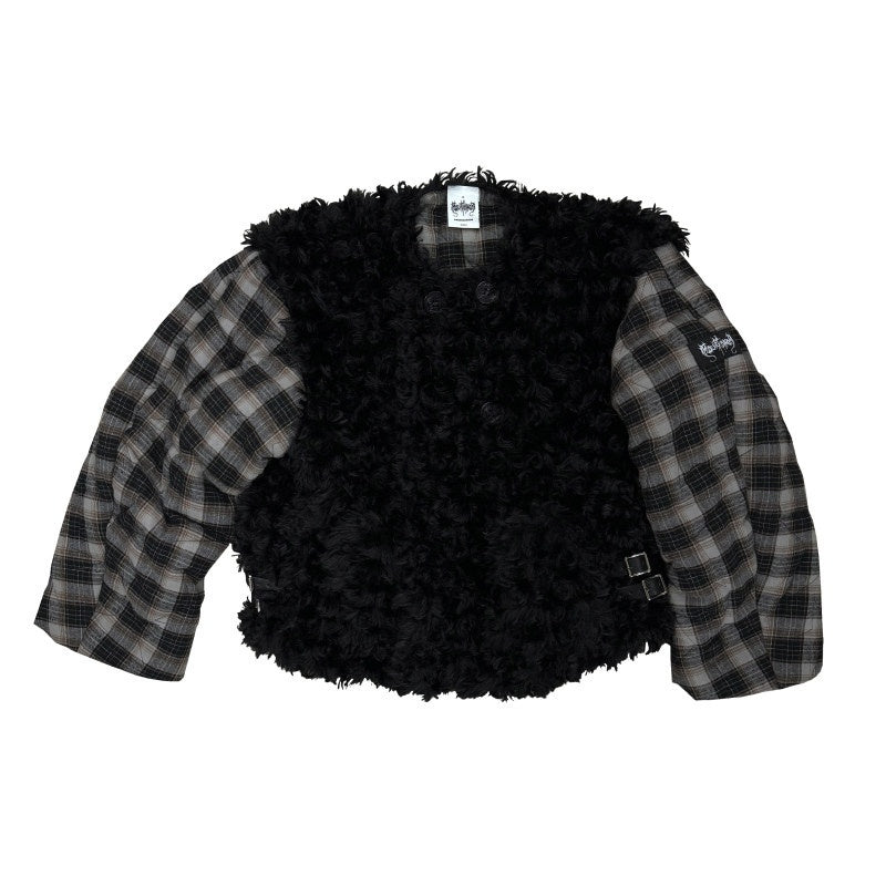 FOURFORTY_Black_Plaid_Double_Breasted_Round_Neck_Women's_Faux_Fur_Coats_868174162119_MISSTT