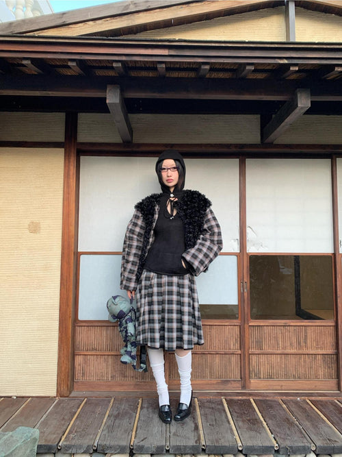 FOURFORTY Black Plaid Double Breasted Round Neck Women's Faux Fur Coats