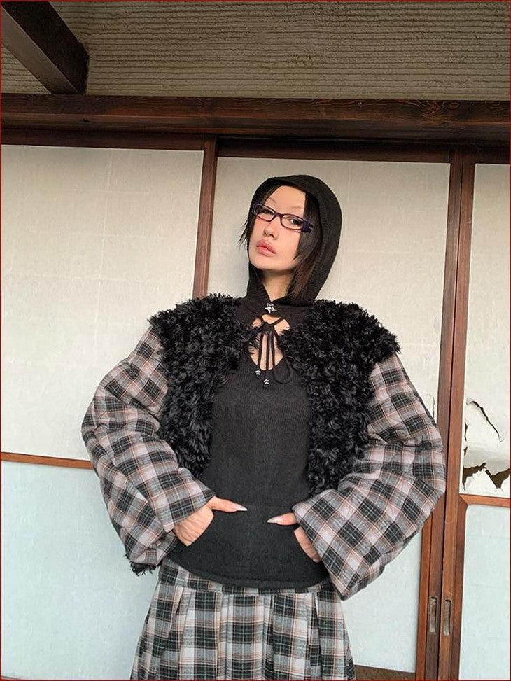 FOURFORTY Black Plaid Double Breasted Round Neck Women's Faux Fur Coats