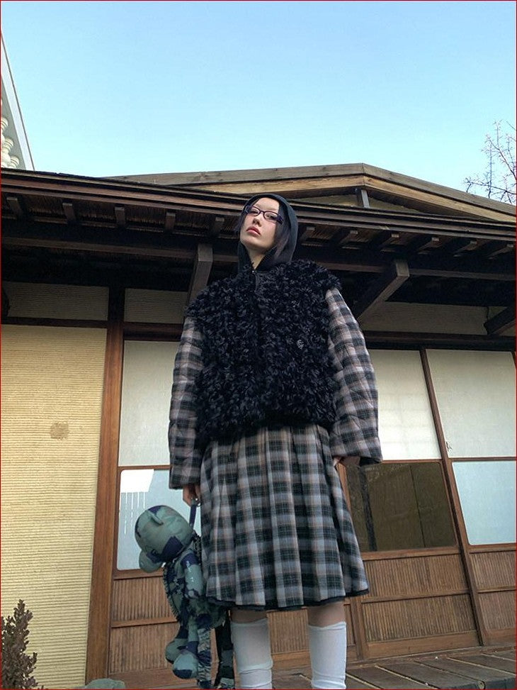 FOURFORTY Black Plaid Double Breasted Round Neck Women's Faux Fur Coats