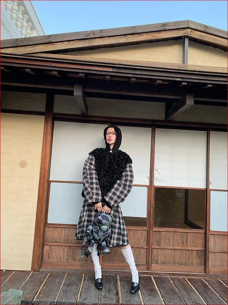 FOURFORTY Black Plaid Double Breasted Round Neck Women's Faux Fur Coats