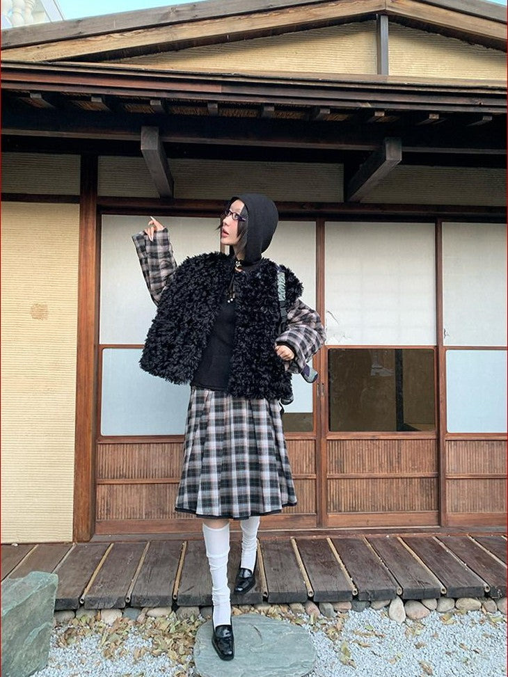 FOURFORTY Black Plaid Double Breasted Round Neck Women's Faux Fur Coats