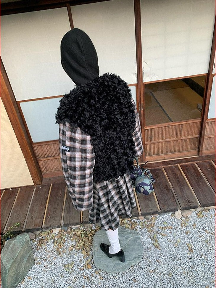 FOURFORTY Black Plaid Double Breasted Round Neck Women's Faux Fur Coats