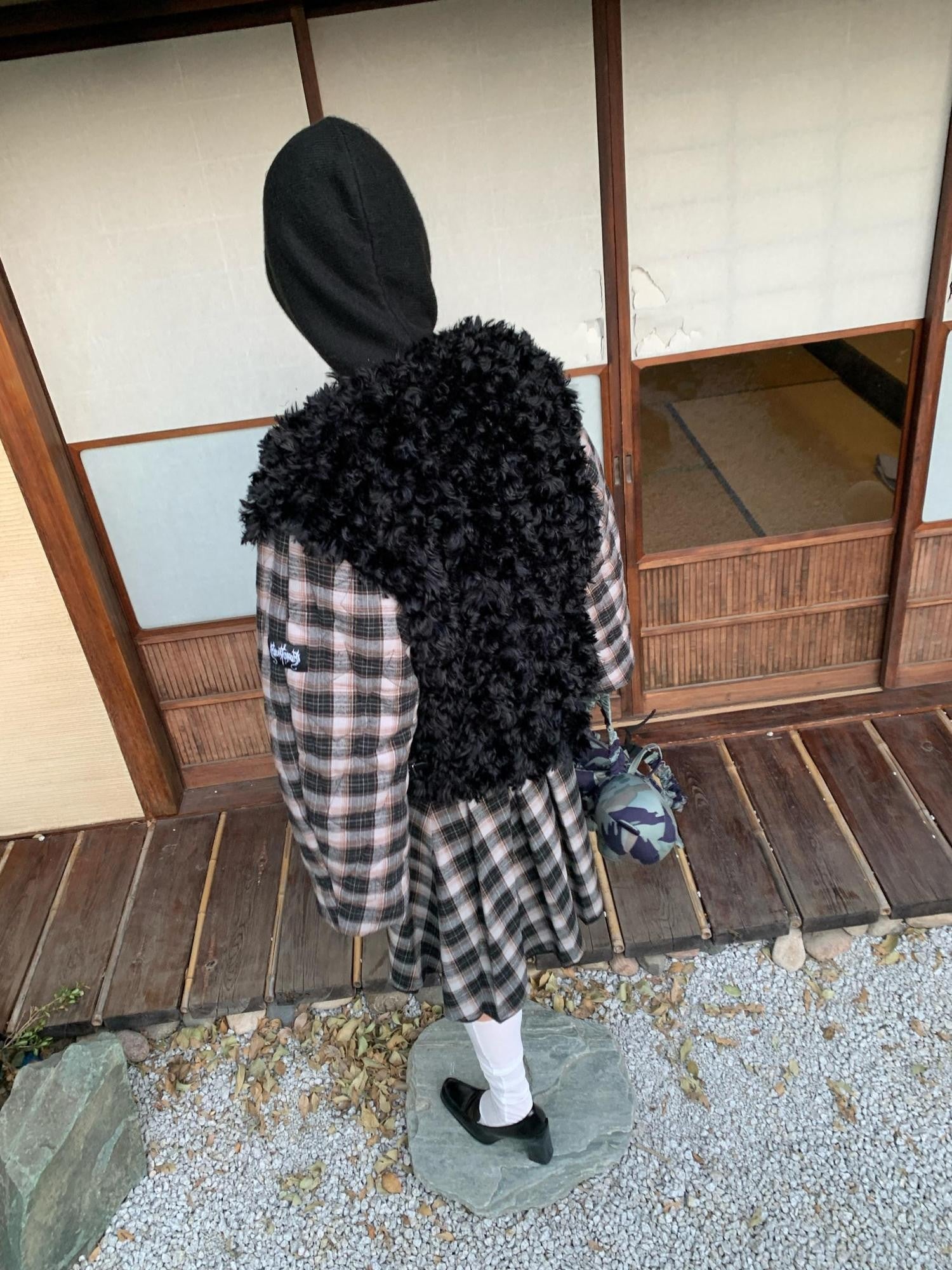 FOURFORTY Black Plaid Double Breasted Round Neck Women's Faux Fur Coats