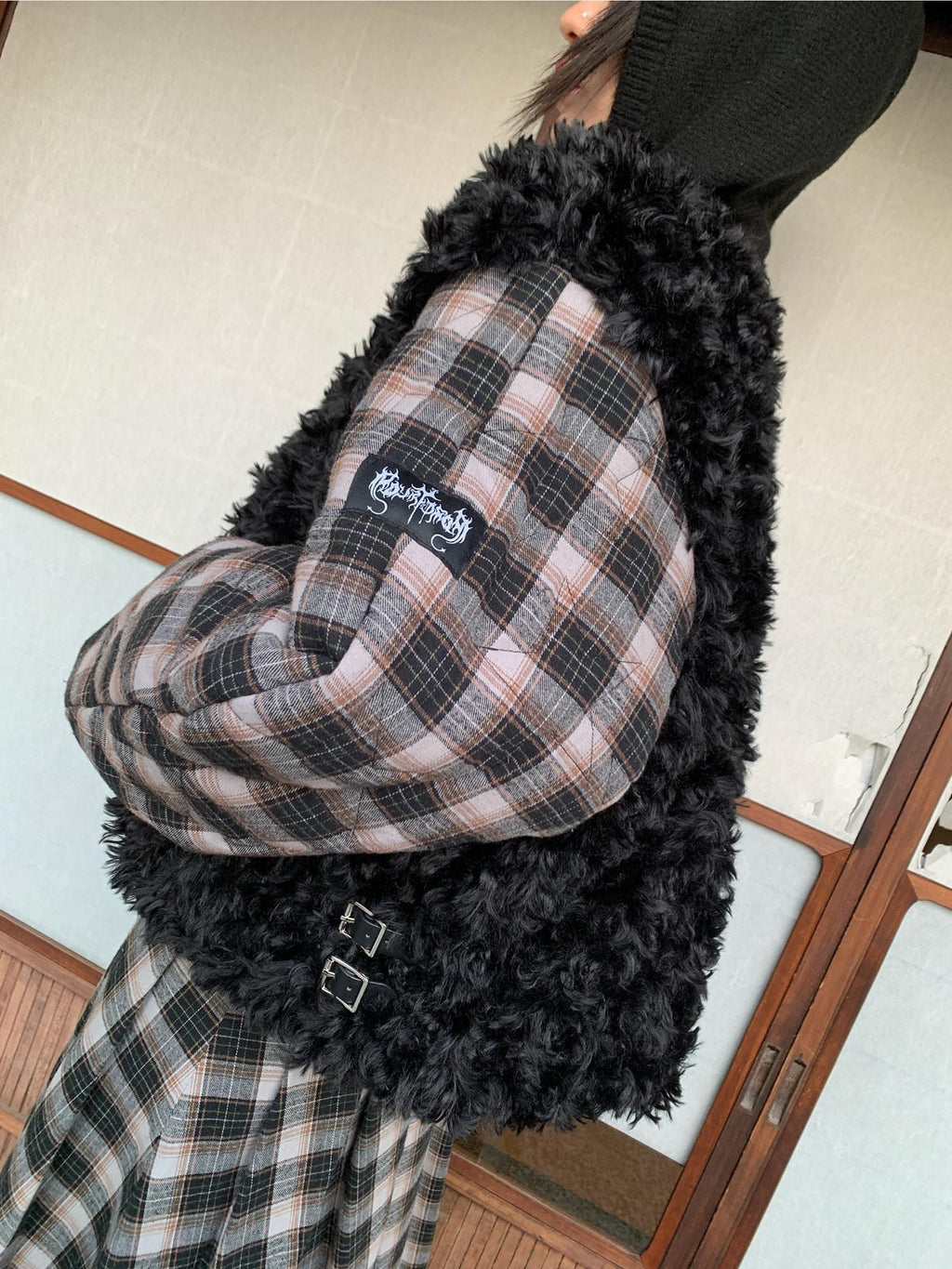 FOURFORTY Black Plaid Double Breasted Round Neck Women's Faux Fur Coats