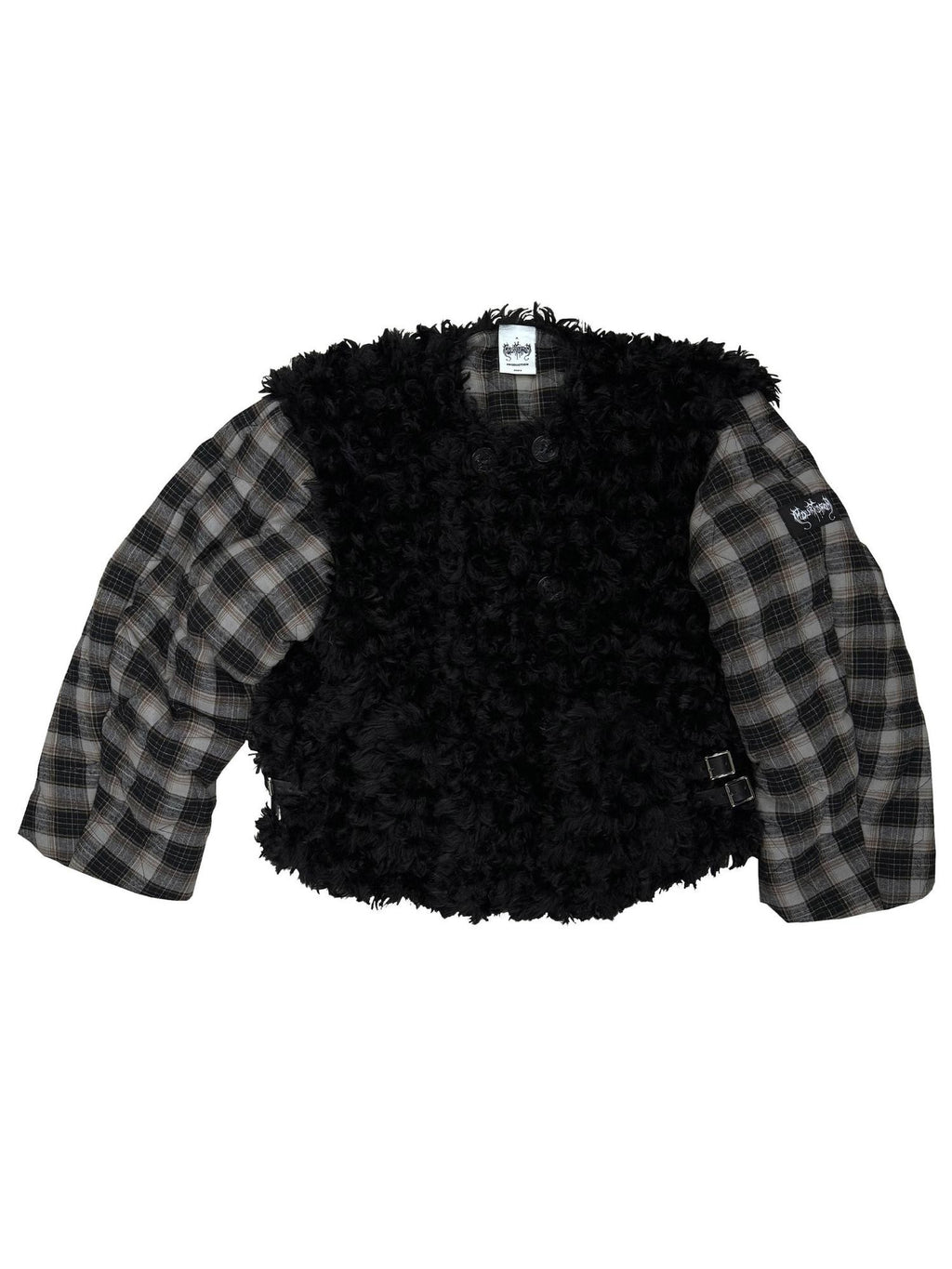 FOURFORTY Black Plaid Double Breasted Round Neck Women's Faux Fur Coats
