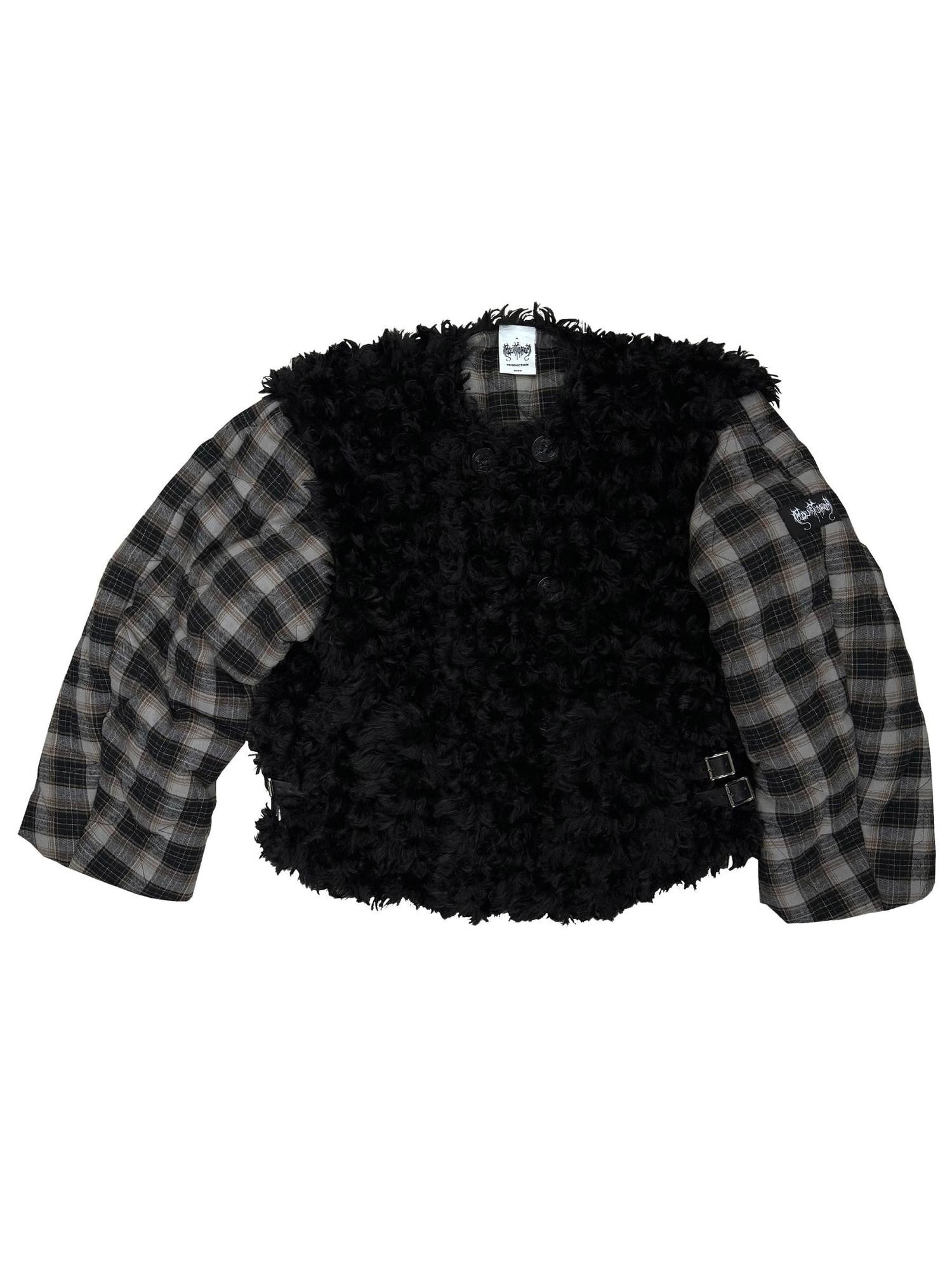 FOURFORTY Black Plaid Double Breasted Round Neck Women's Faux Fur Coats