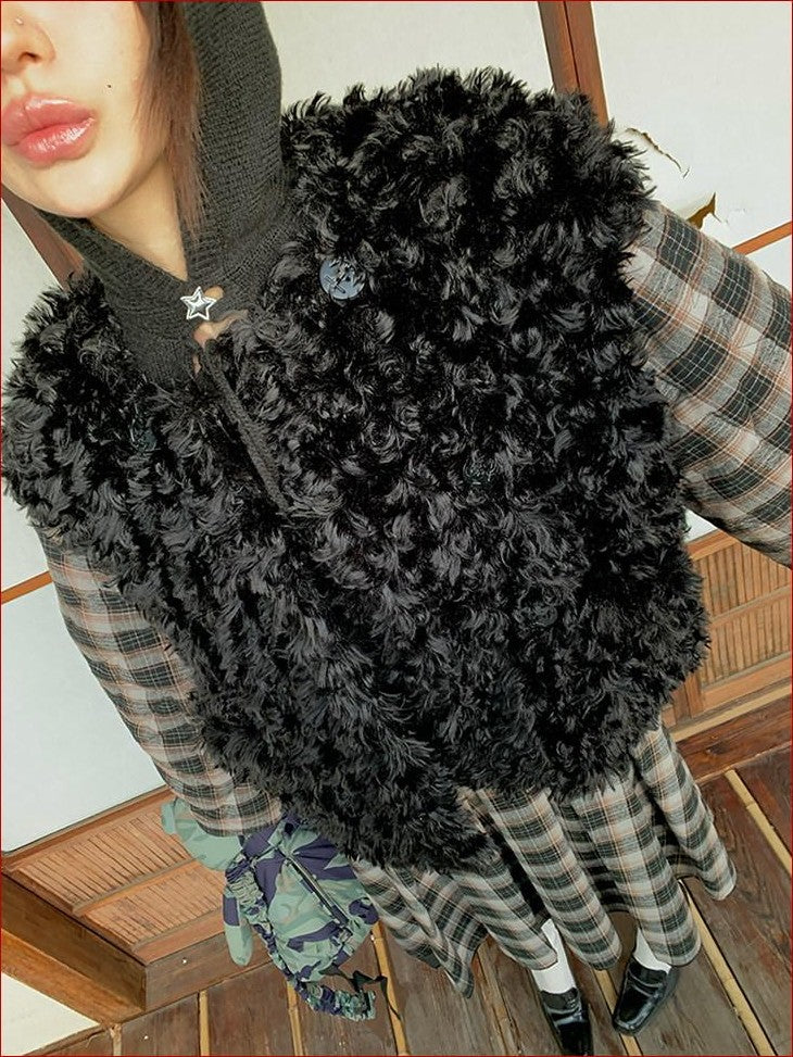 FOURFORTY Black Plaid Double Breasted Round Neck Women's Faux Fur Coats