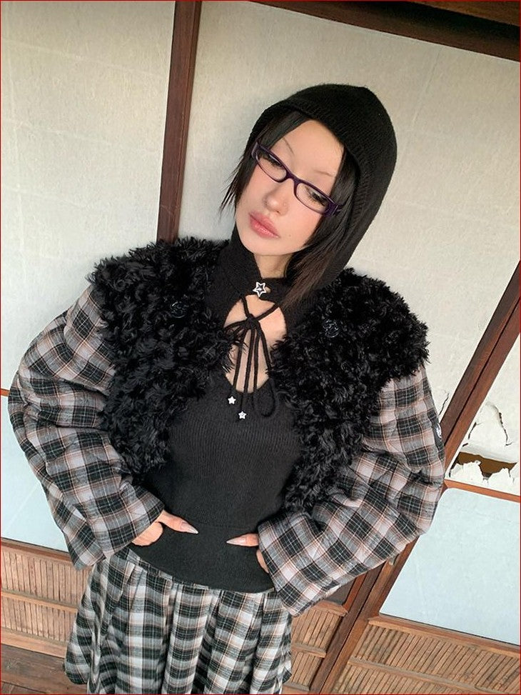 FOURFORTY Black Plaid Double Breasted Round Neck Women's Faux Fur Coats