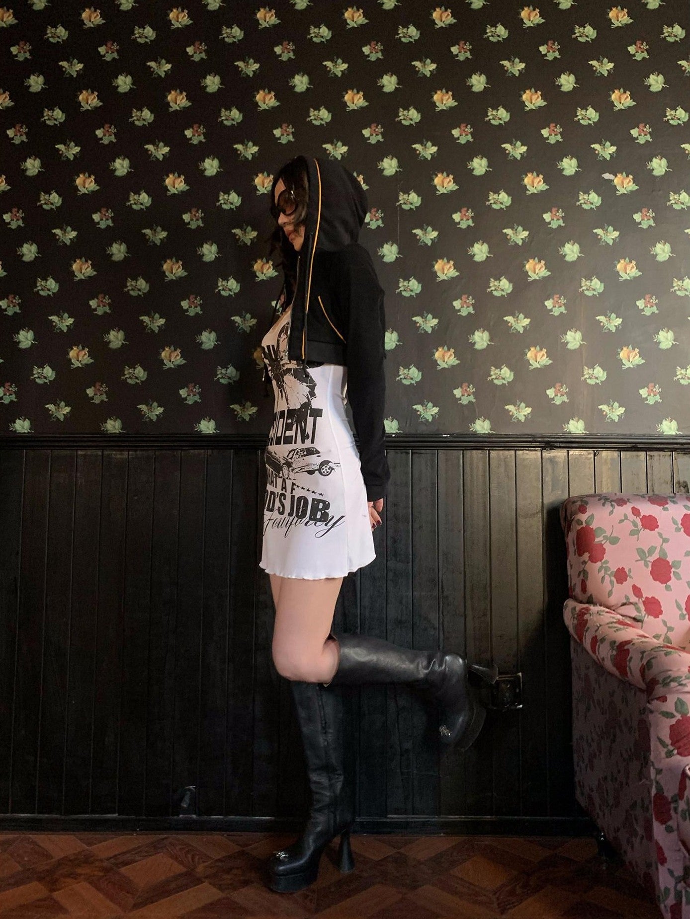 FOURFORTY Black Platform Horseshoe Heel Women's Leather Knee-high Boots