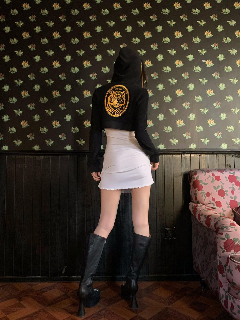FOURFORTY Black Platform Horseshoe Heel Women's Leather Knee-high Boots