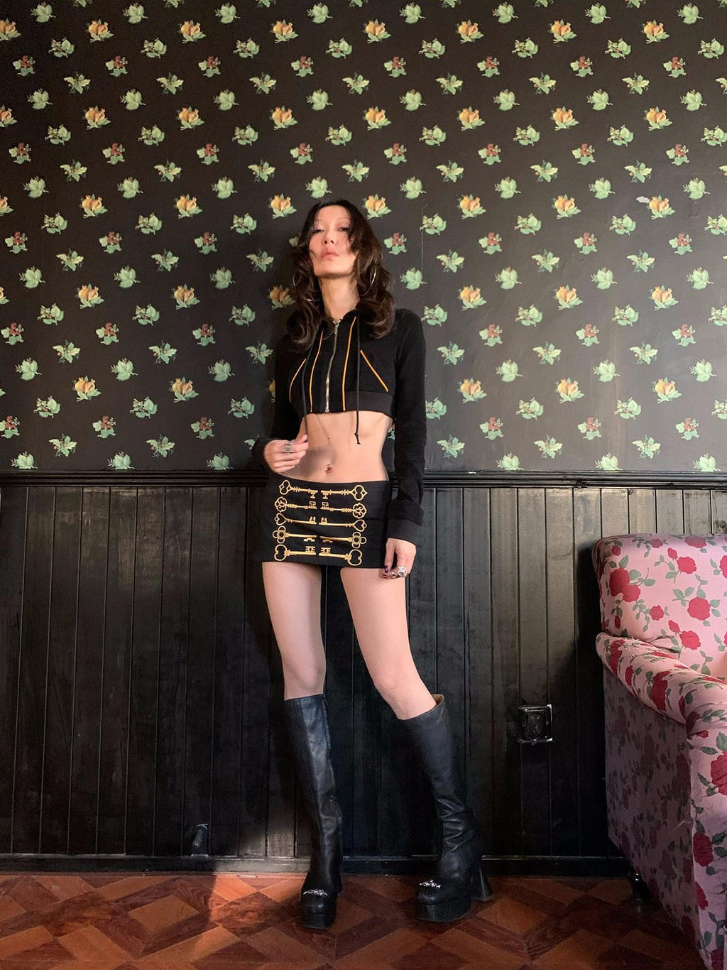 FOURFORTY Black Platform Horseshoe Heel Women's Leather Knee-high Boots