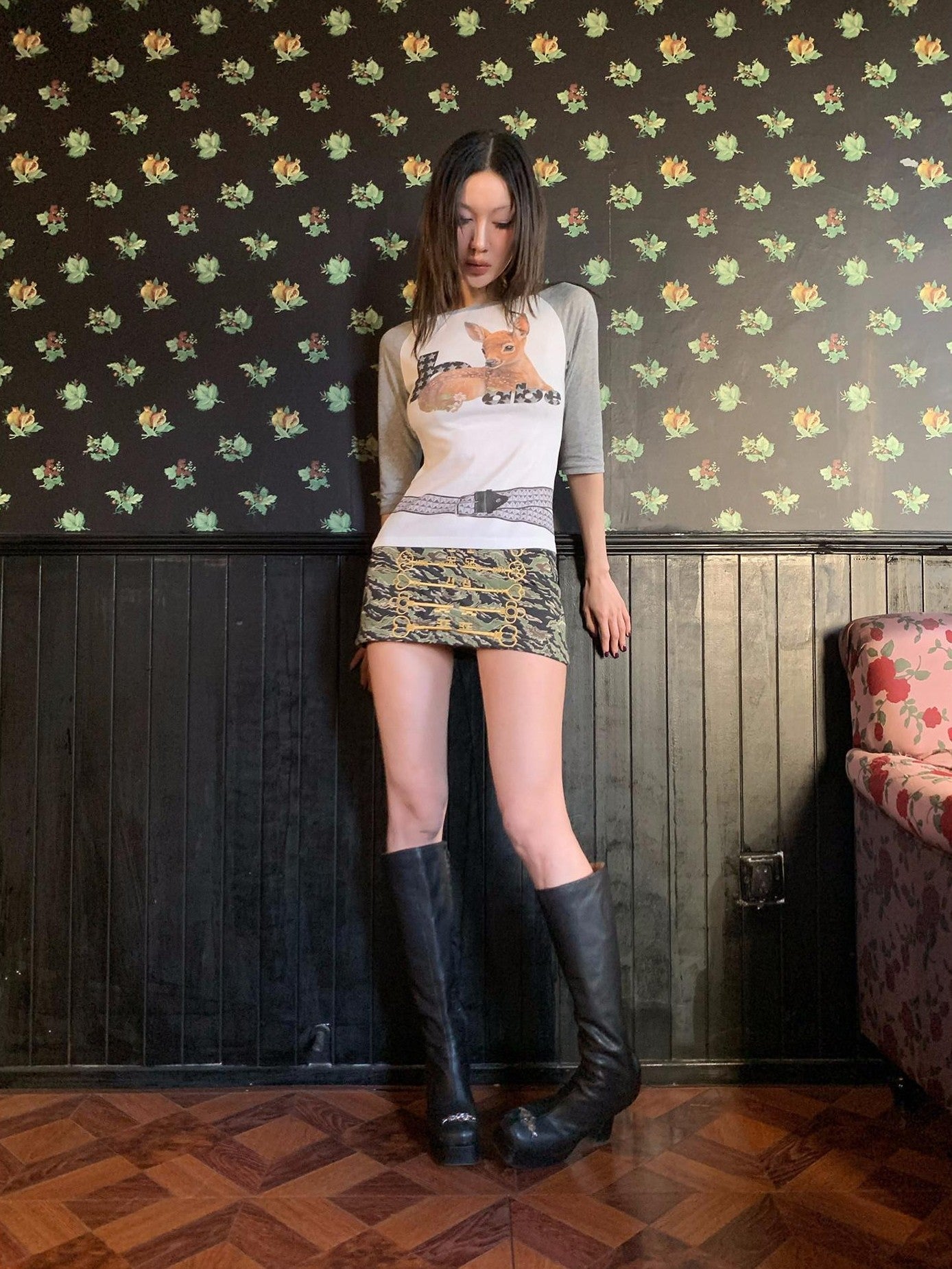 FOURFORTY Black Platform Horseshoe Heel Women's Leather Knee-high Boots