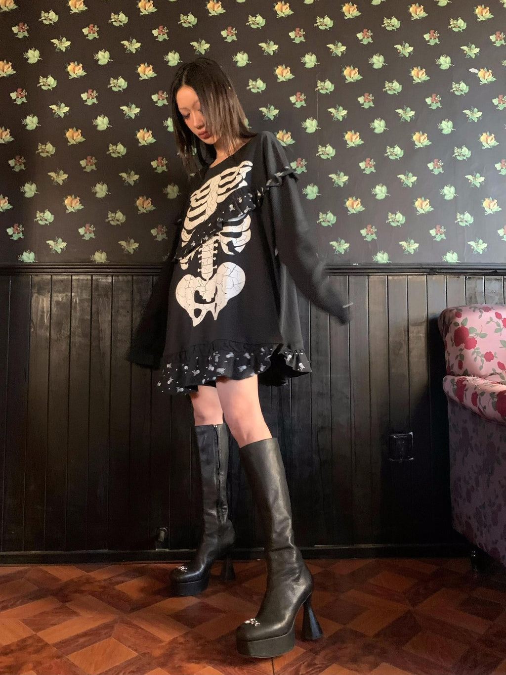 FOURFORTY Black Platform Horseshoe Heel Women's Leather Knee-high Boots