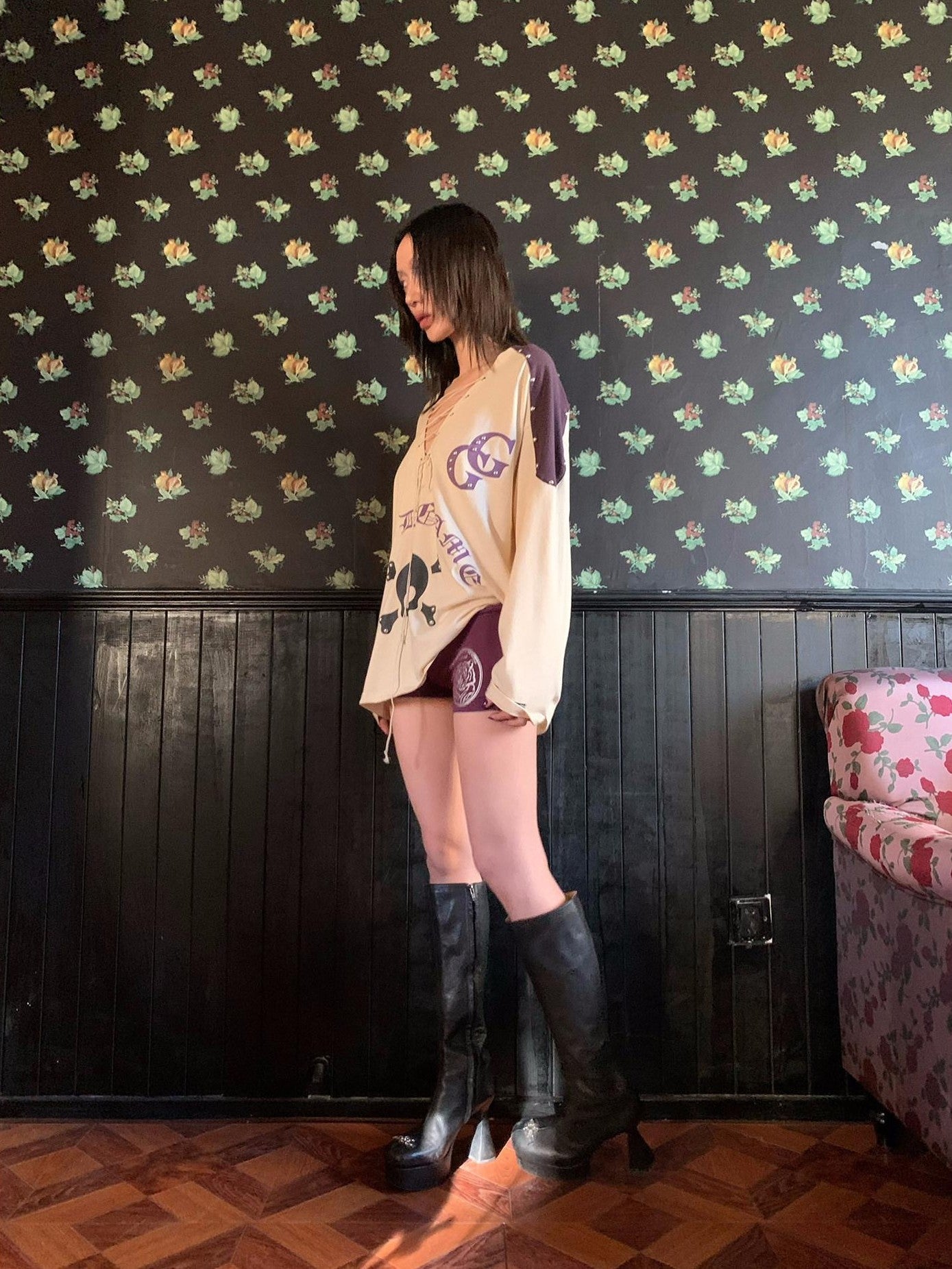 FOURFORTY Black Platform Horseshoe Heel Women's Leather Knee-high Boots