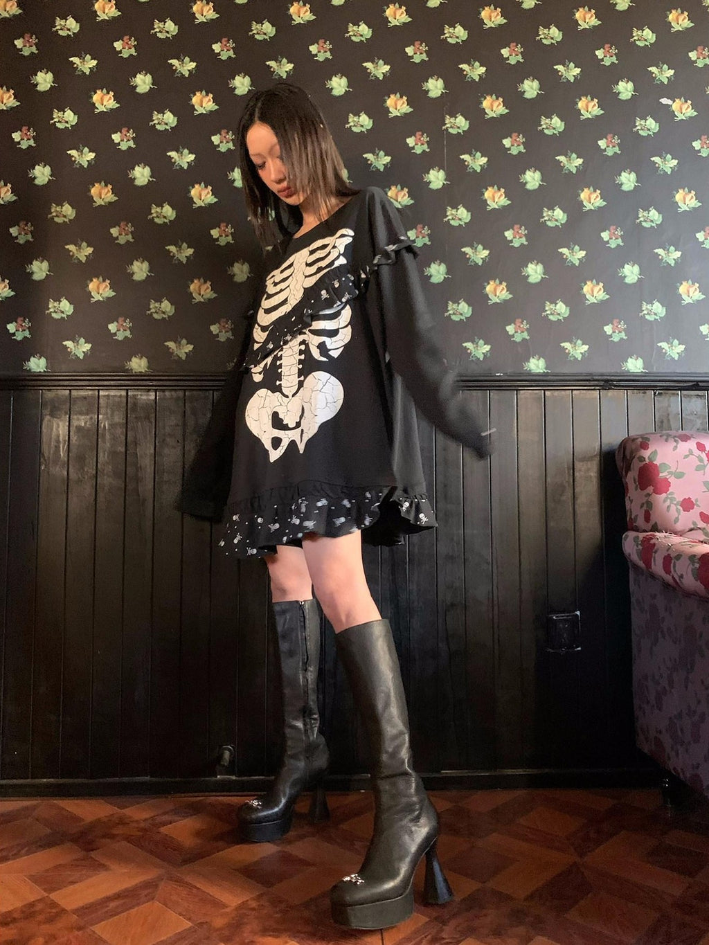 FOURFORTY Black Platform Horseshoe Heel Women's Leather Knee-high Boots