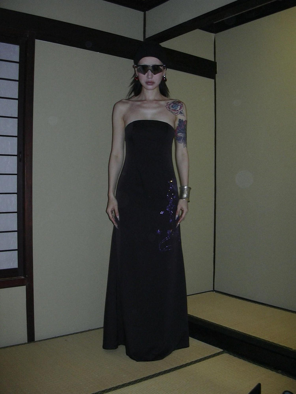 FOURFORTY Black Rhinestone Mermaid Bustier Women's Polyester Strapless Maxi Dresses