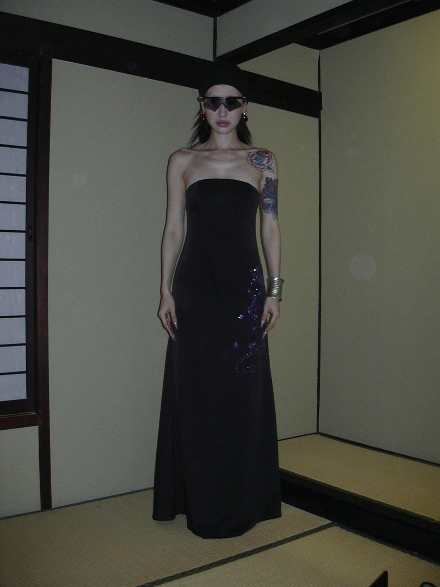 FOURFORTY Black Rhinestone Mermaid Bustier Women's Polyester Strapless Maxi Dresses
