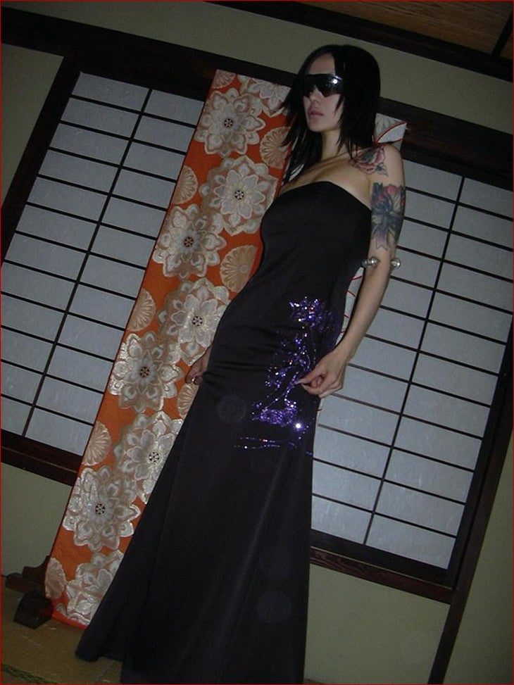 FOURFORTY Black Rhinestone Mermaid Bustier Women's Polyester Strapless Maxi Dresses