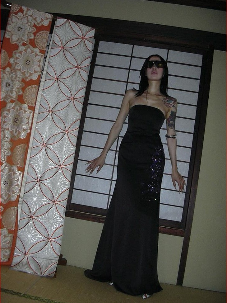 FOURFORTY Black Rhinestone Mermaid Bustier Women's Polyester Strapless Maxi Dresses