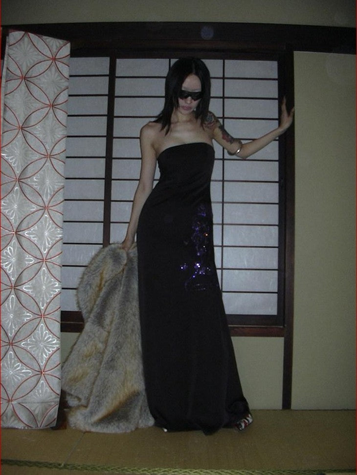 FOURFORTY Black Rhinestone Mermaid Bustier Women's Polyester Strapless Maxi Dresses
