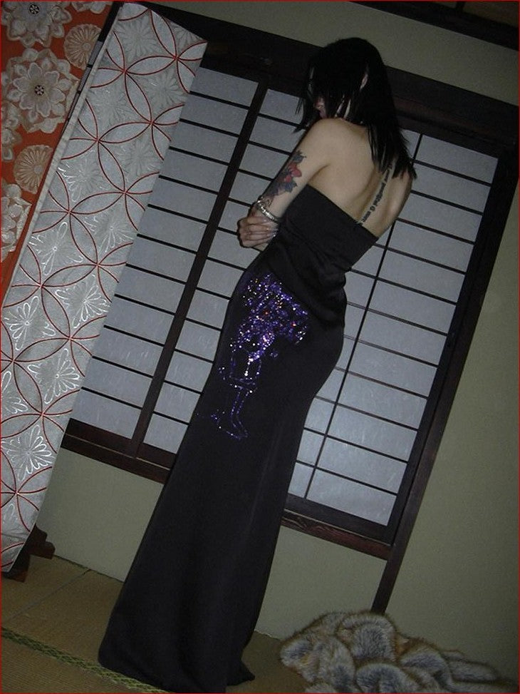 FOURFORTY Black Rhinestone Mermaid Bustier Women's Polyester Strapless Maxi Dresses
