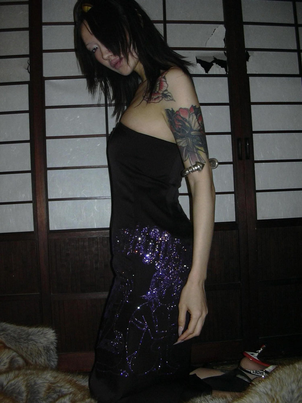 FOURFORTY Black Rhinestone Mermaid Bustier Women's Polyester Strapless Maxi Dresses